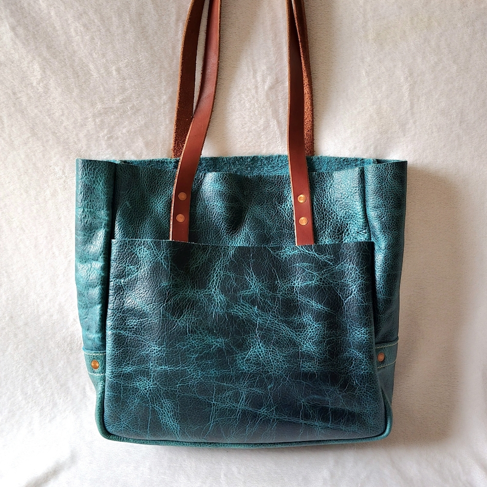 KMM & Co. Blue Bison Leather Caryall Tote Bag Handmade USA